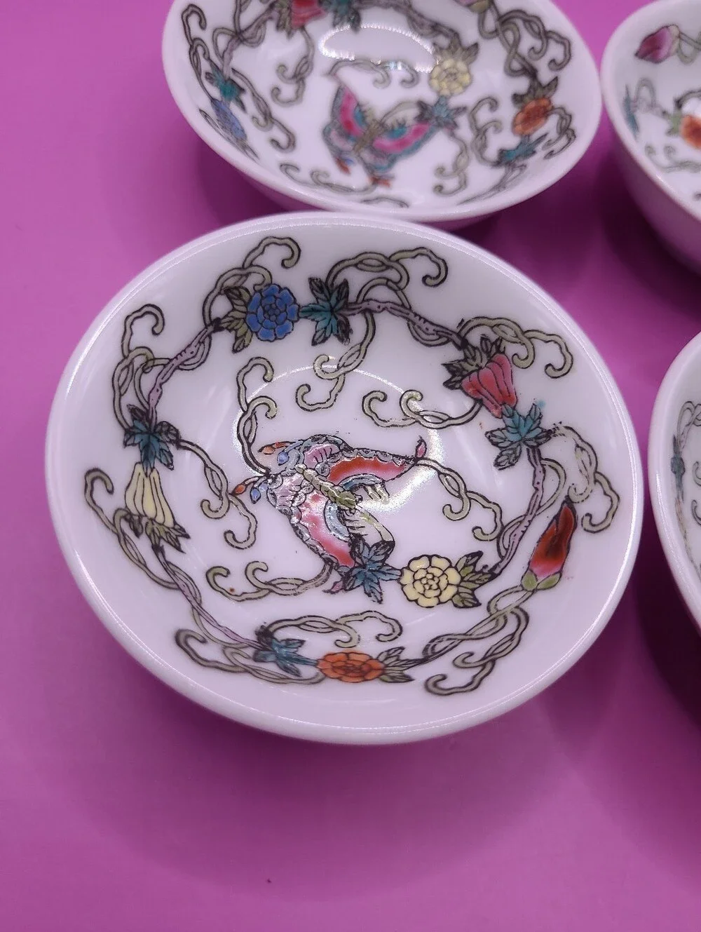 Mid Century Jingdezhen Zhongguo Butterfly Dipping Sauce Bowl Set Hand Painted 4